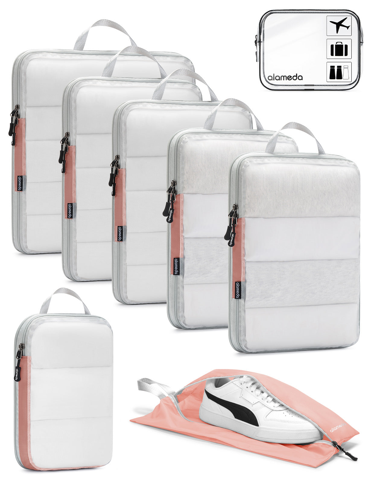 See Through Mesh Compression Packing Cubes Set of 8 - Rose Quartz