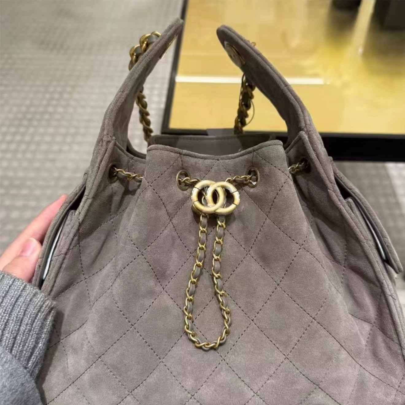 Stylish Grey Suede Shoulder Bag with Original Logo