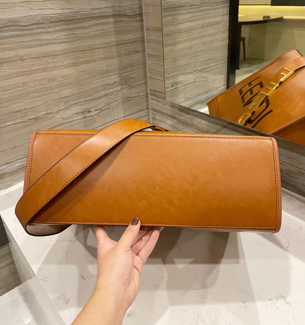 Stylish Oversized Tan Tote Bag with Bold Letter Strap