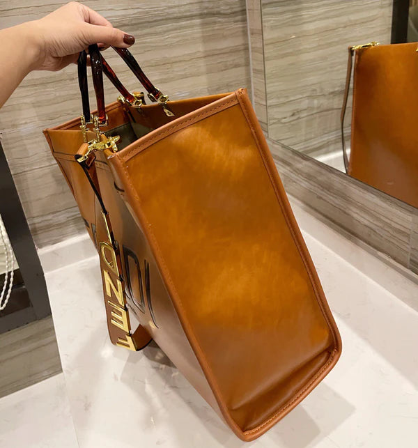 Stylish Oversized Tan Tote Bag with Bold Letter Strap