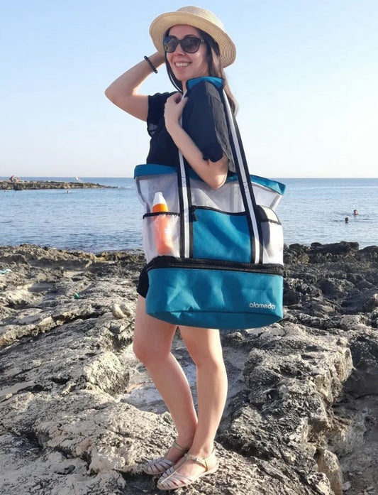 Alameda Mesh Tote Beach Bag - Cooler Bags Insulated for Travel, Zipper Top High Capacity Beach Pool Bag