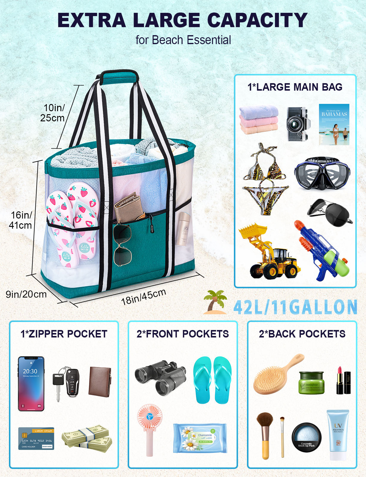 Mesh Beach Bag for Women -Extra Large Beach Tote Bag with 5 Oversized Pockets Grocery Tote Travel Bag with Top Zipper
