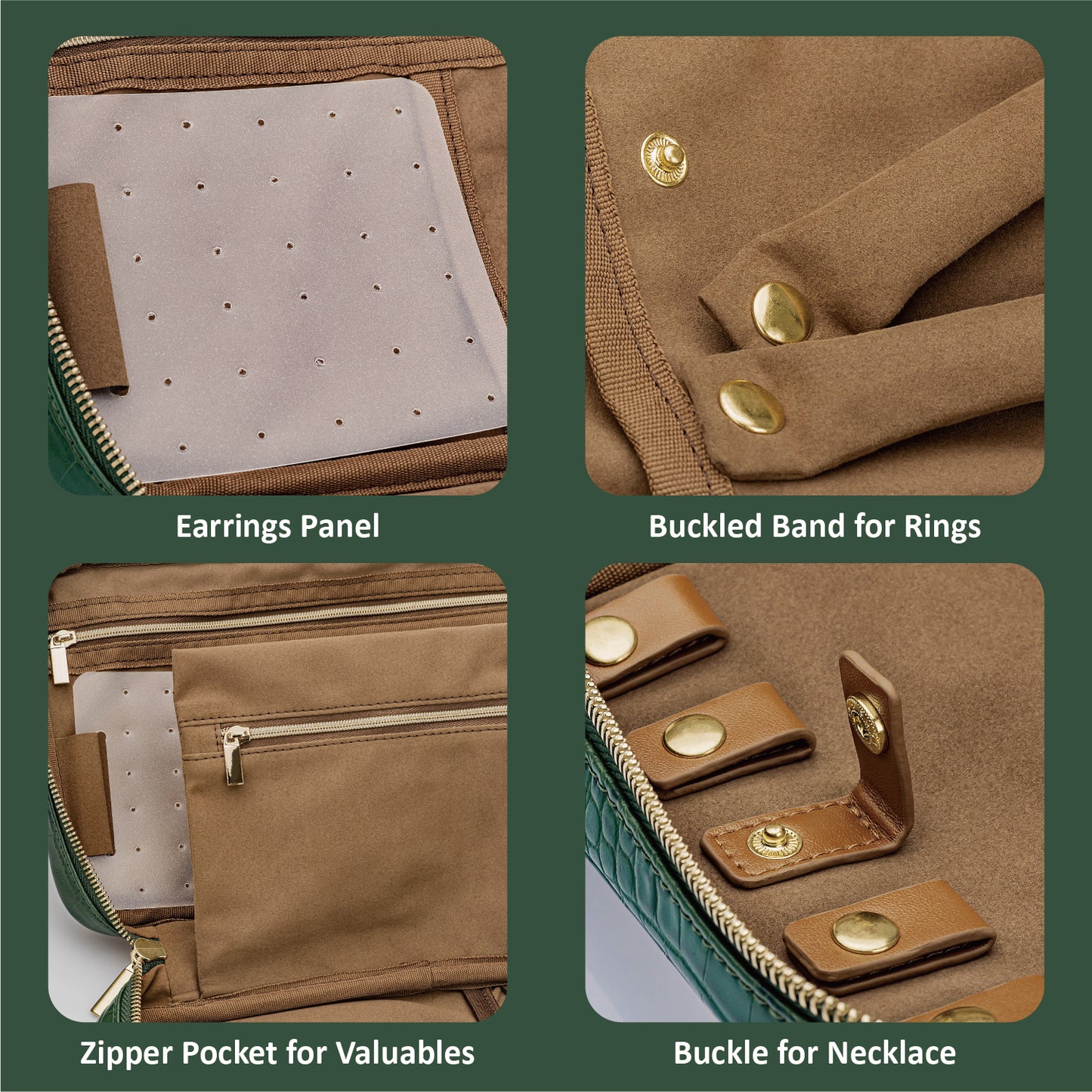 Alameda Travel Jewelry Organizer Case Crocodile Grain Leather Jewelry Storage Bag for Earrings, Necklace, Bracelet, Rings, Green