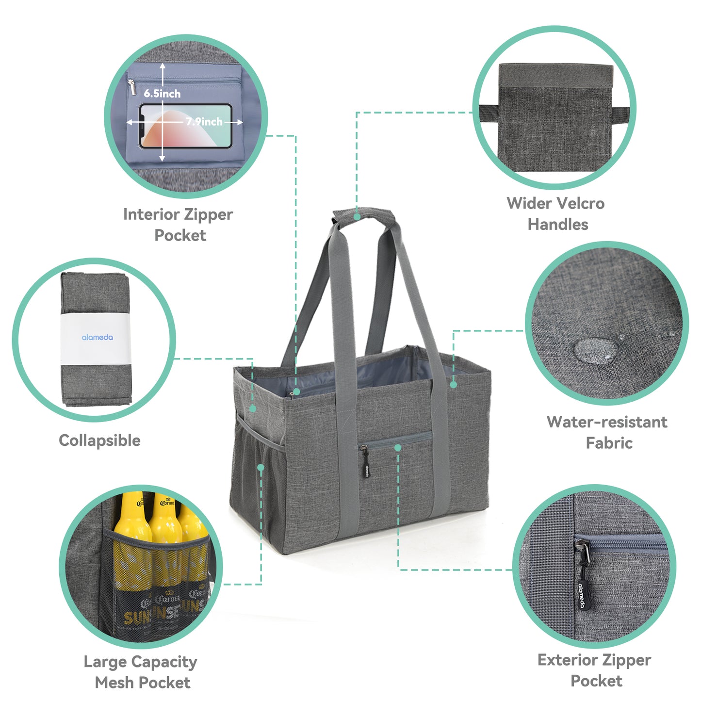 Alameda Large Reusable Grocery Bags with Pocket: Foldable Shopping Bag with Long Handles, Washable Canvas Tote Bags, Heavy Duty, Water Resistant, Durable, Gray