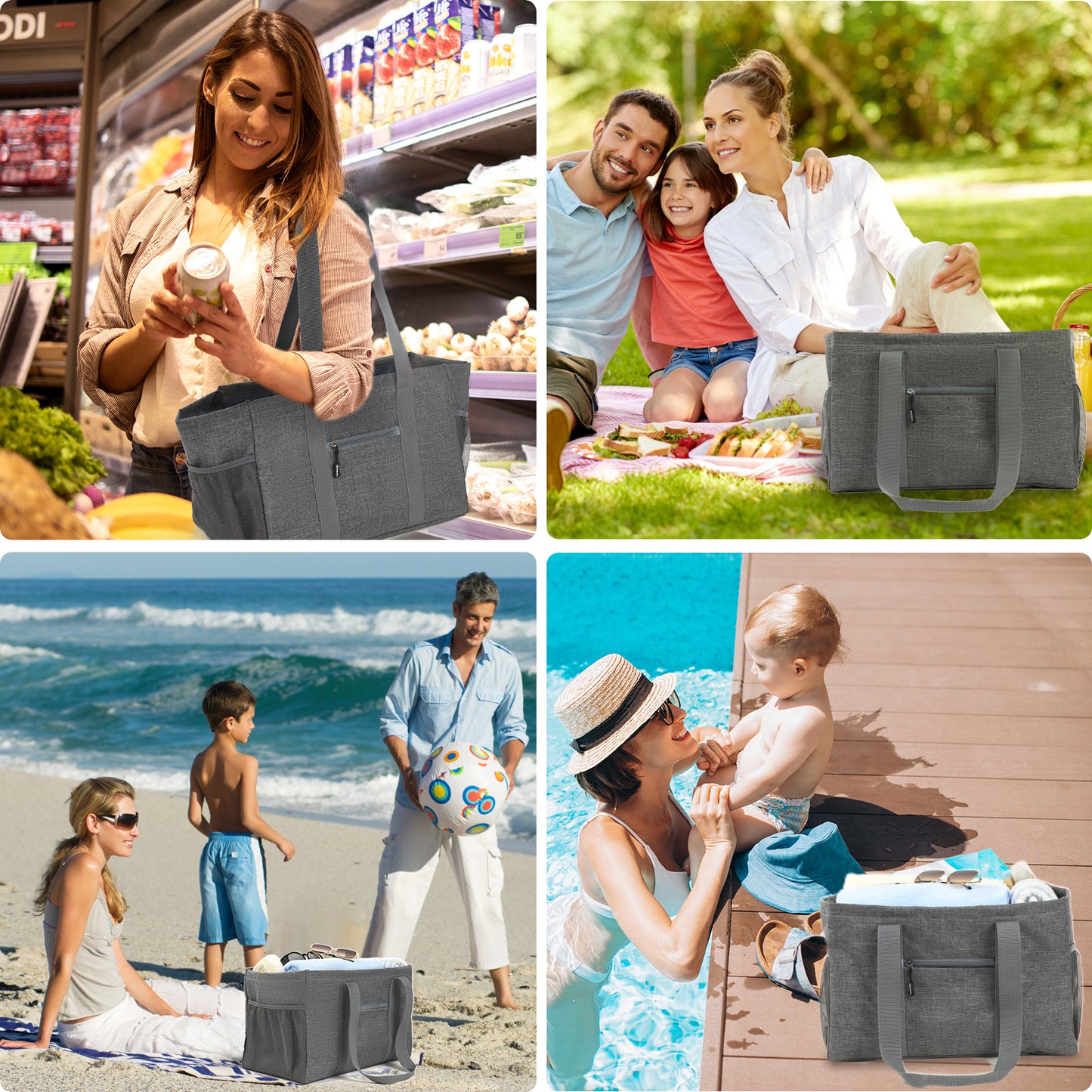 Alameda Large Reusable Grocery Bags with Pocket: Foldable Shopping Bag with Long Handles, Washable Canvas Tote Bags, Heavy Duty, Water Resistant, Durable, Gray