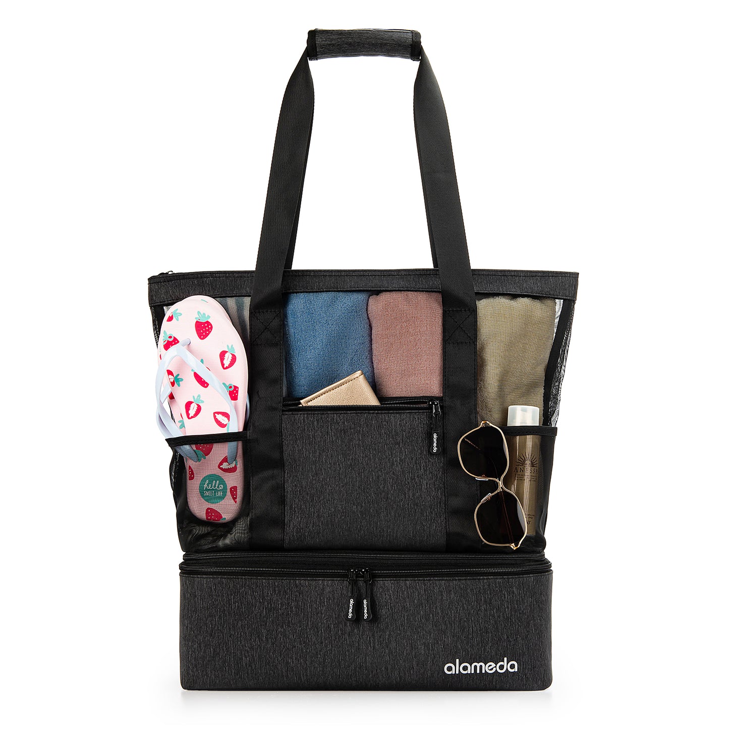 Alameda Mesh Tote Beach Bag - Cooler Bags Insulated for Travel, Zipper Top High Capacity Beach Pool Bag