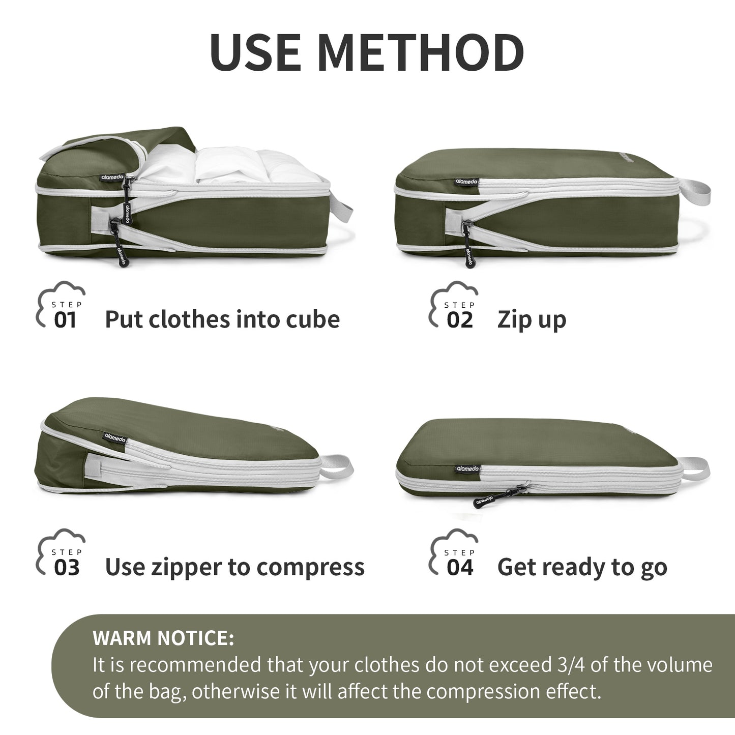 Compression Packing Cubes with Shoe Bag - Army Green, 4 Pack