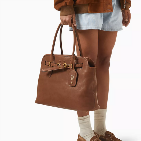 Classic Brown Leather Shoulder Handbag with Original Logo