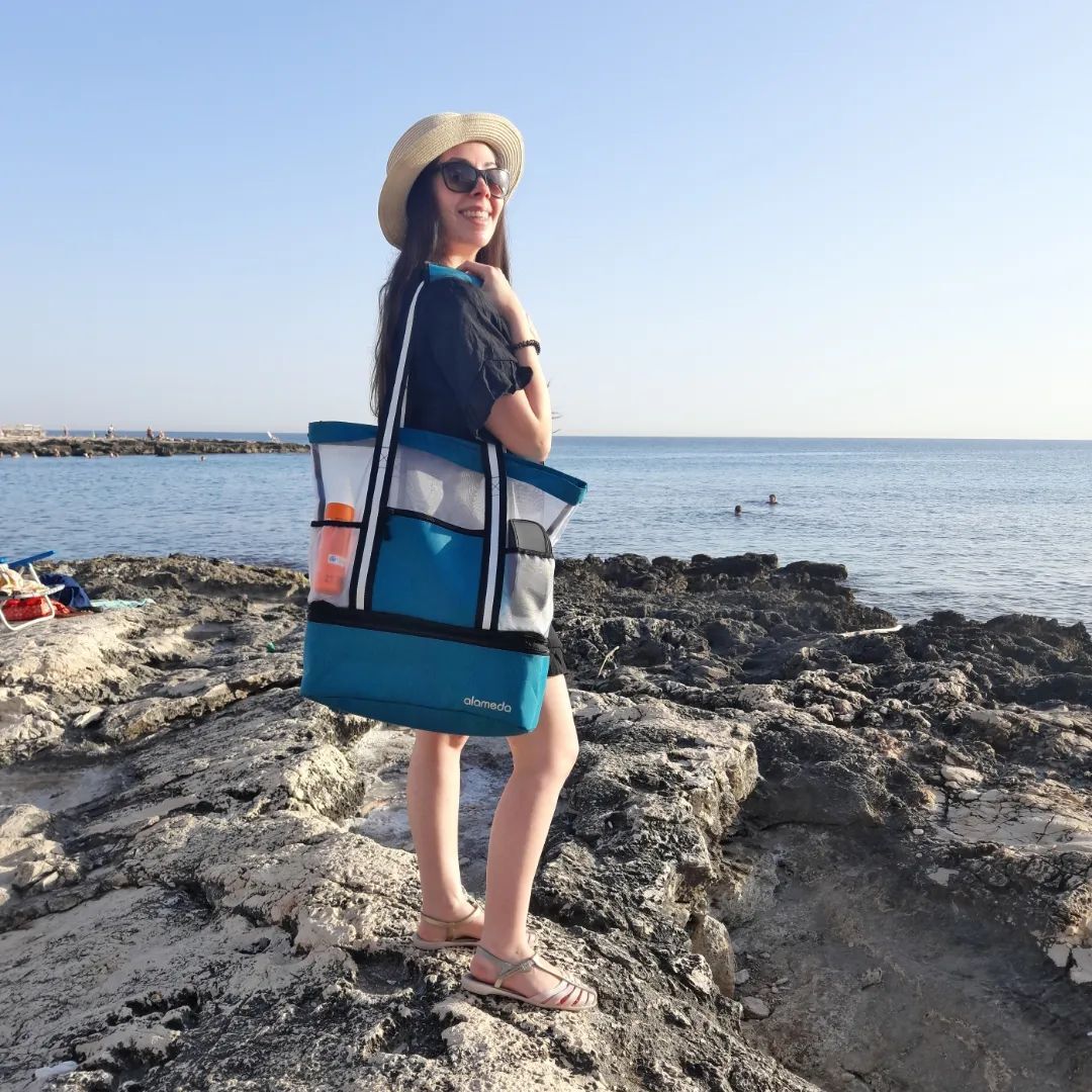 Alameda Mesh Tote Beach Bag - Cooler Bags Insulated for Travel, Zipper Top High Capacity Beach Pool Bag