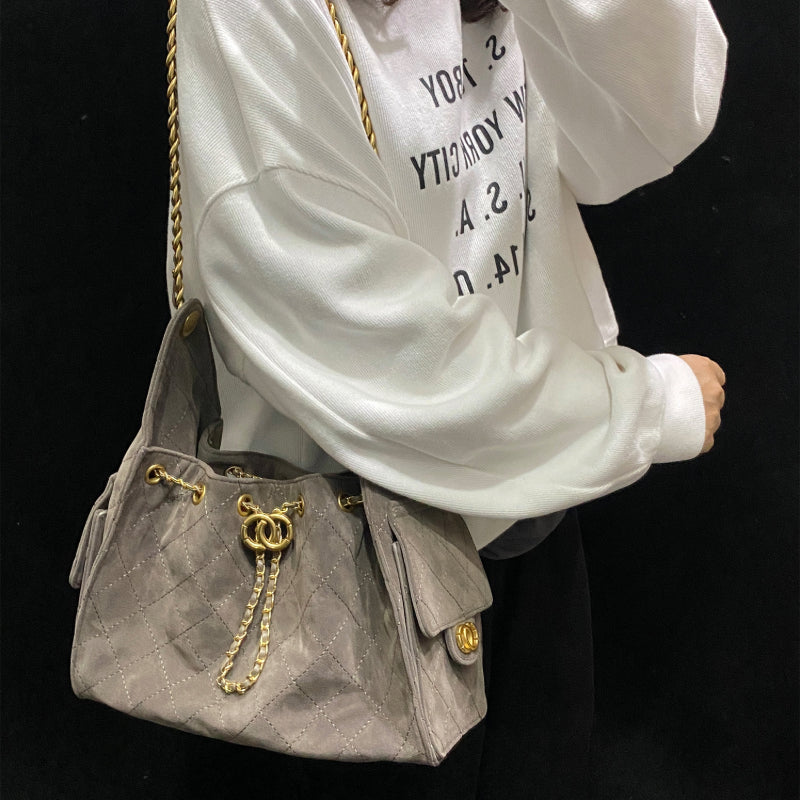 Stylish Grey Suede Shoulder Bag with Original Logo