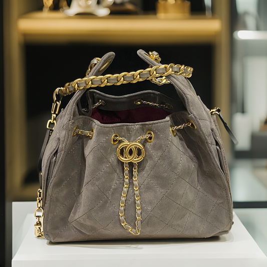 Stylish Grey Suede Shoulder Bag with Original Logo