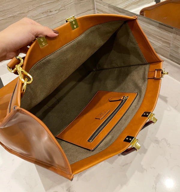 Stylish Oversized Tan Tote Bag with Bold Letter Strap