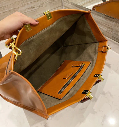Stylish Oversized Tan Tote Bag with Bold Letter Strap