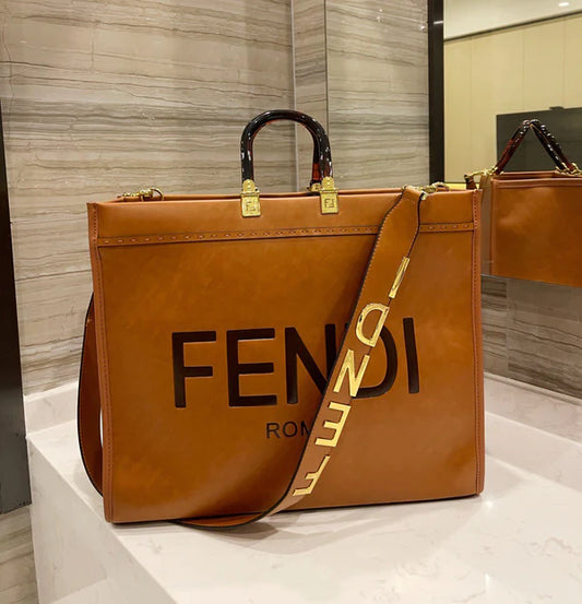 Stylish Oversized Tan Tote Bag with Bold Letter Strap