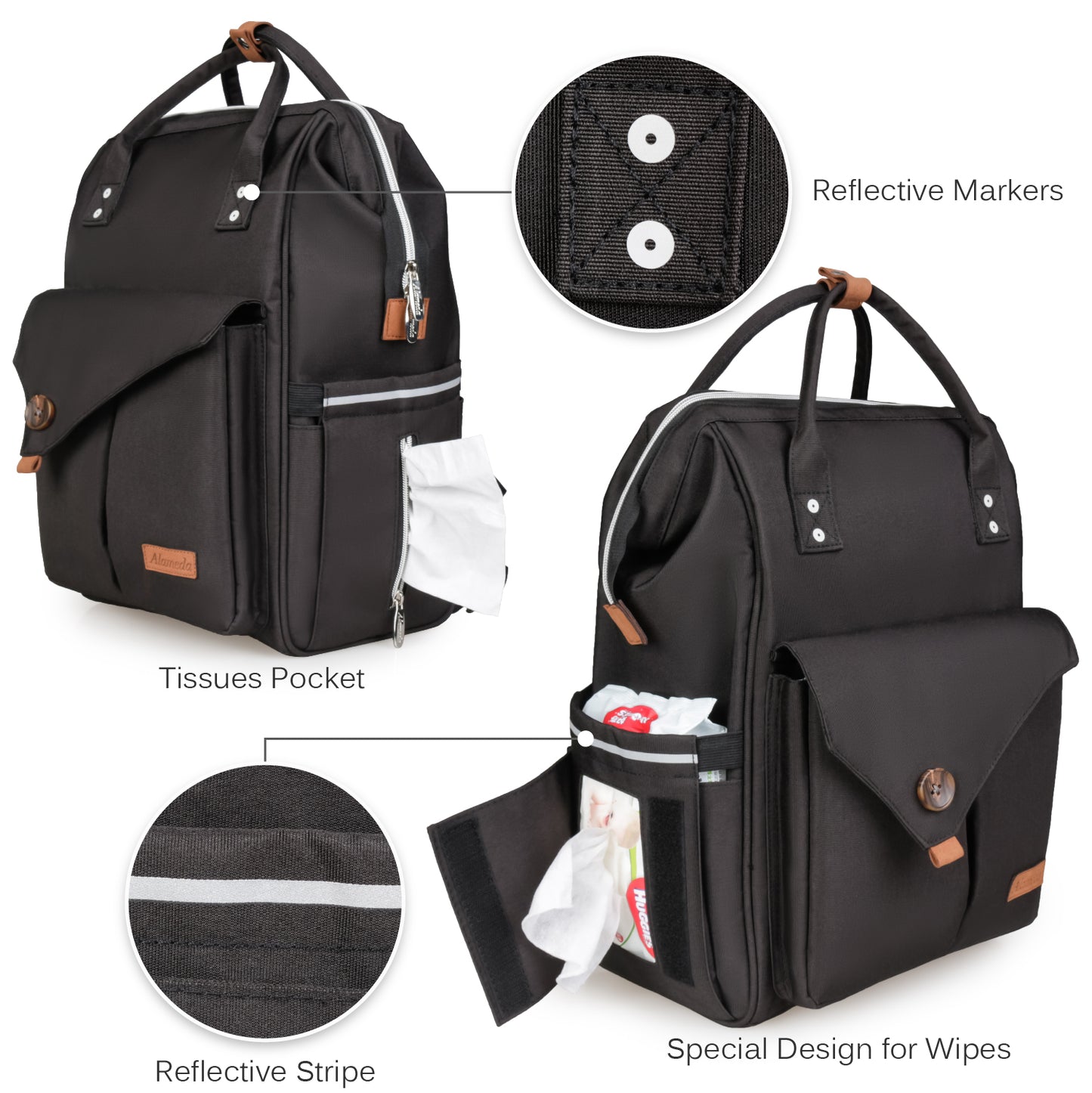 Alameda Diaper Bag Backpack - Shining Reflective Design, Black