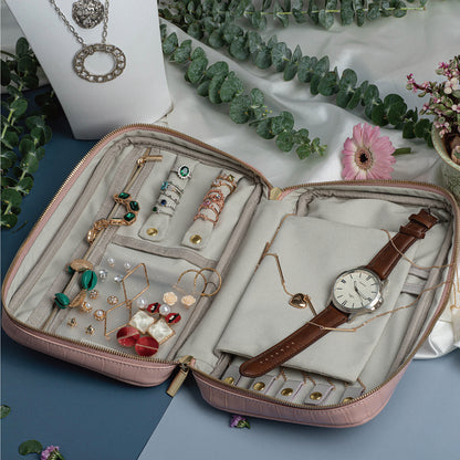 Alameda Travel Jewelry Organizer Case Crocodile Grain Leather Jewelry Storage Bag for Earrings, Necklace, Bracelet, Rings, Green