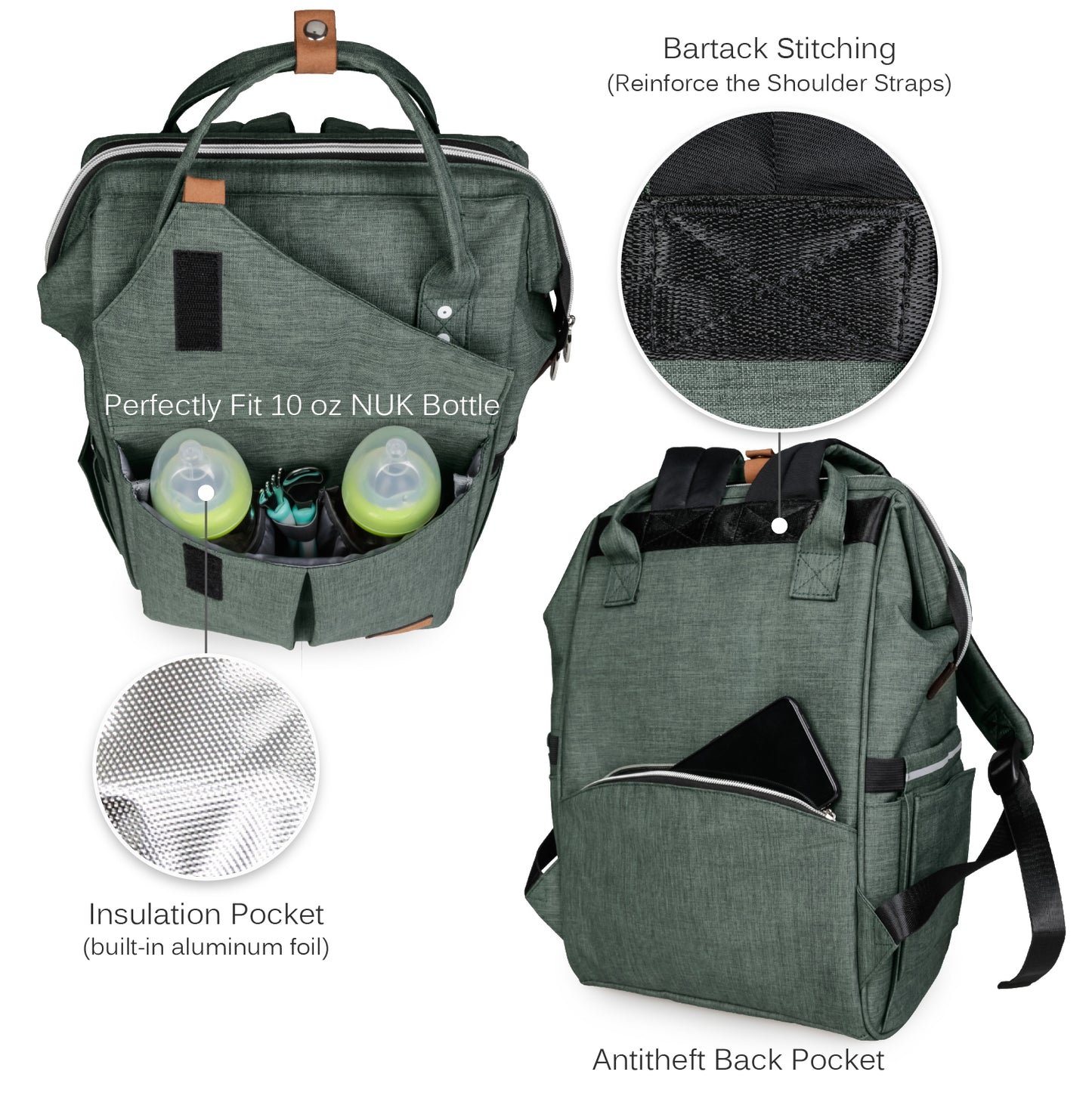 Alameda Diaper Bag Backpack - Shining Reflective Design, Green