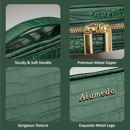 Alameda Travel Jewelry Organizer Case Crocodile Grain Leather Jewelry Storage Bag for Earrings, Necklace, Bracelet, Rings, Green
