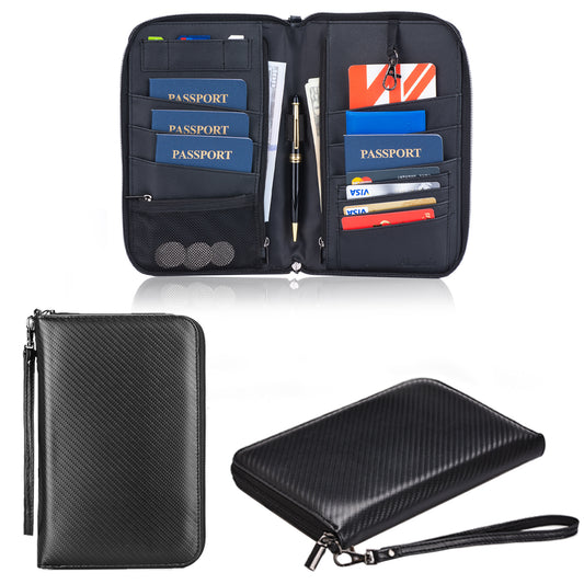 Travel Passport Wallet - Alameda Carbon Fiber Documents Card Organizer Capacious Family Passport Holder with Detachable Wrist Strap