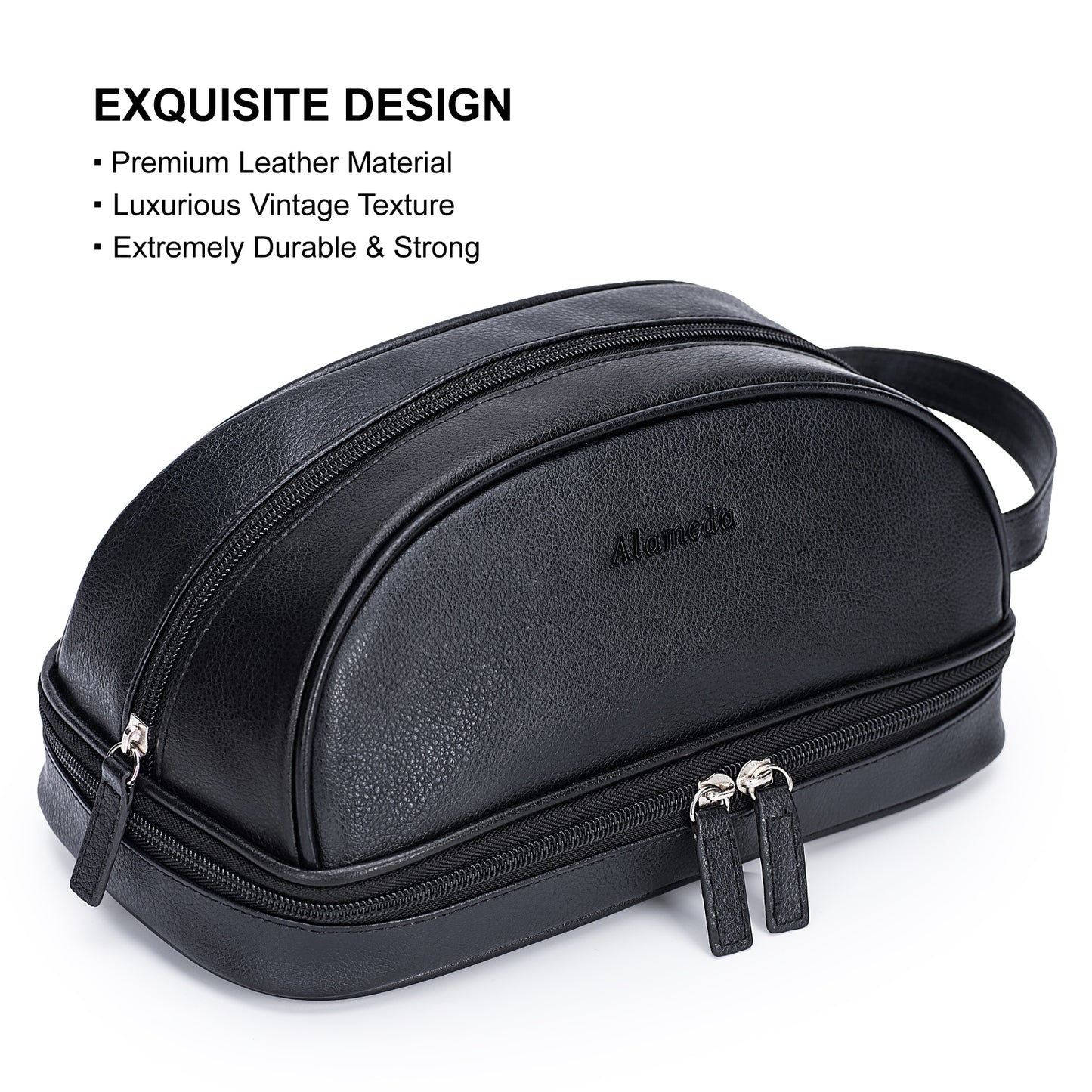 Alameda Toiletry Bag for Men, PU Leather Travel Organizer Shaving Bag Water-resistant Dopp Kit for Toiletries Accessories Black