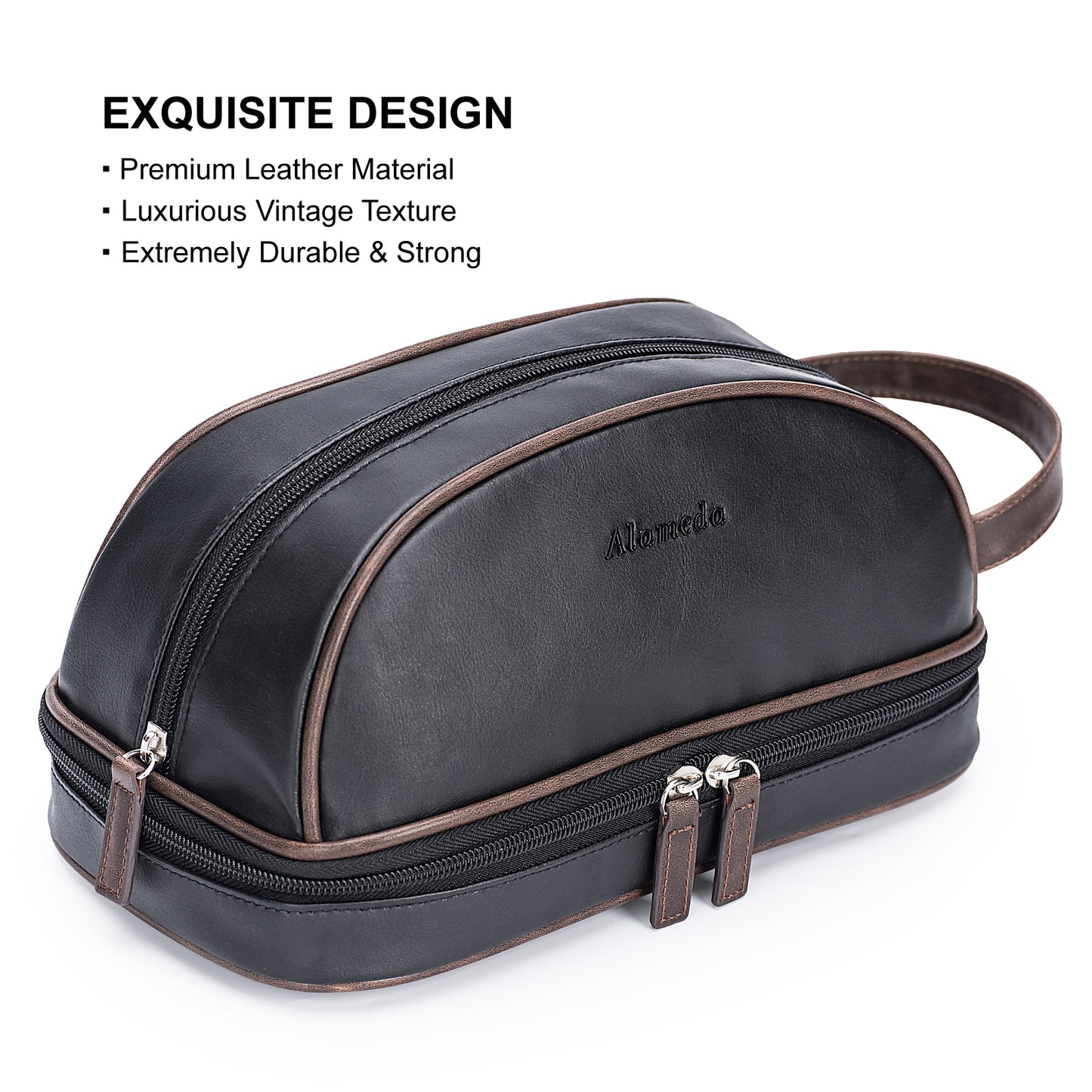 Alameda Toiletry Bag for Men, PU Leather Travel Organizer Shaving Bag Water-resistant Dopp Kit for Toiletries Accessories Black