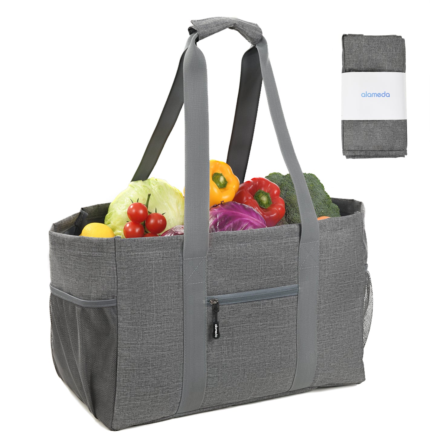 Alameda Large Reusable Grocery Bags with Pocket: Foldable Shopping Bag with Long Handles, Washable Canvas Tote Bags, Heavy Duty, Water Resistant, Durable, Gray