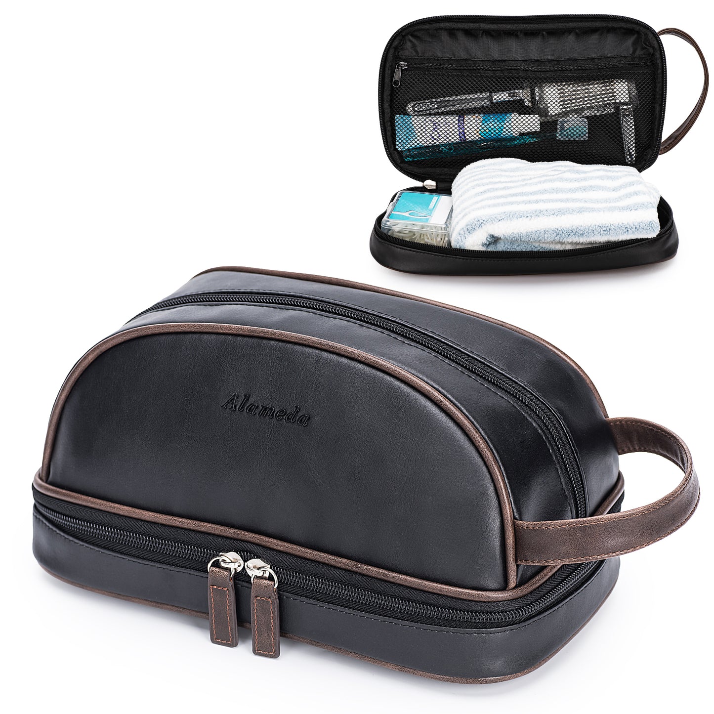 Alameda Toiletry Bag for Men, PU Leather Travel Organizer Shaving Bag Water-resistant Dopp Kit for Toiletries Accessories Black