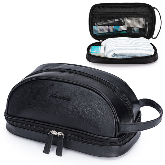 Alameda Toiletry Bag for Men, PU Leather Travel Organizer Shaving Bag Water-resistant Dopp Kit for Toiletries Accessories Black