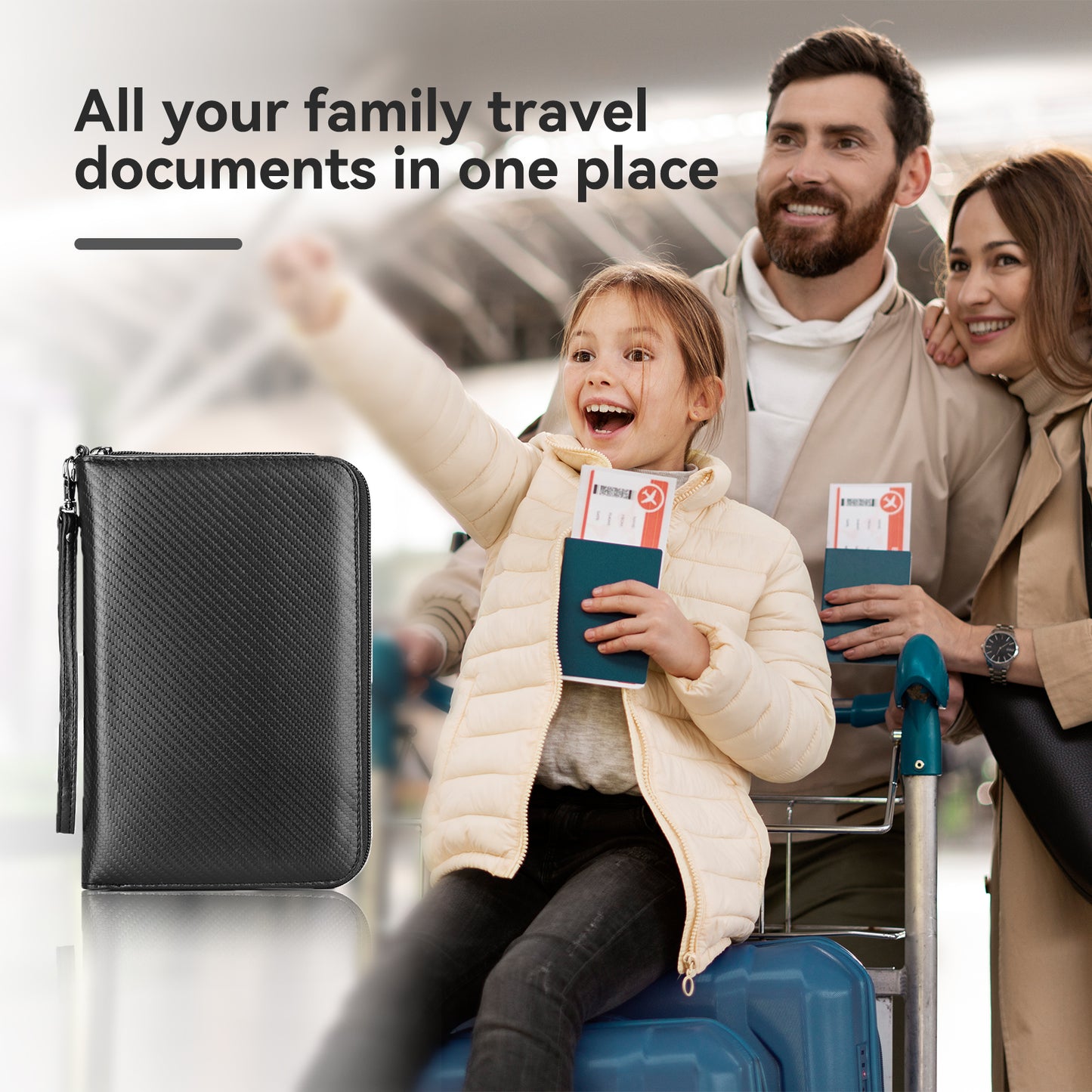 Travel Passport Wallet - Alameda Carbon Fiber Documents Card Organizer Capacious Family Passport Holder with Detachable Wrist Strap